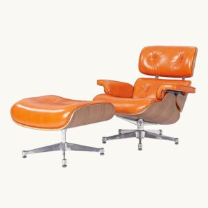 Eames lounge chair camel leather with matching ottoman in American walnut veneer front view.