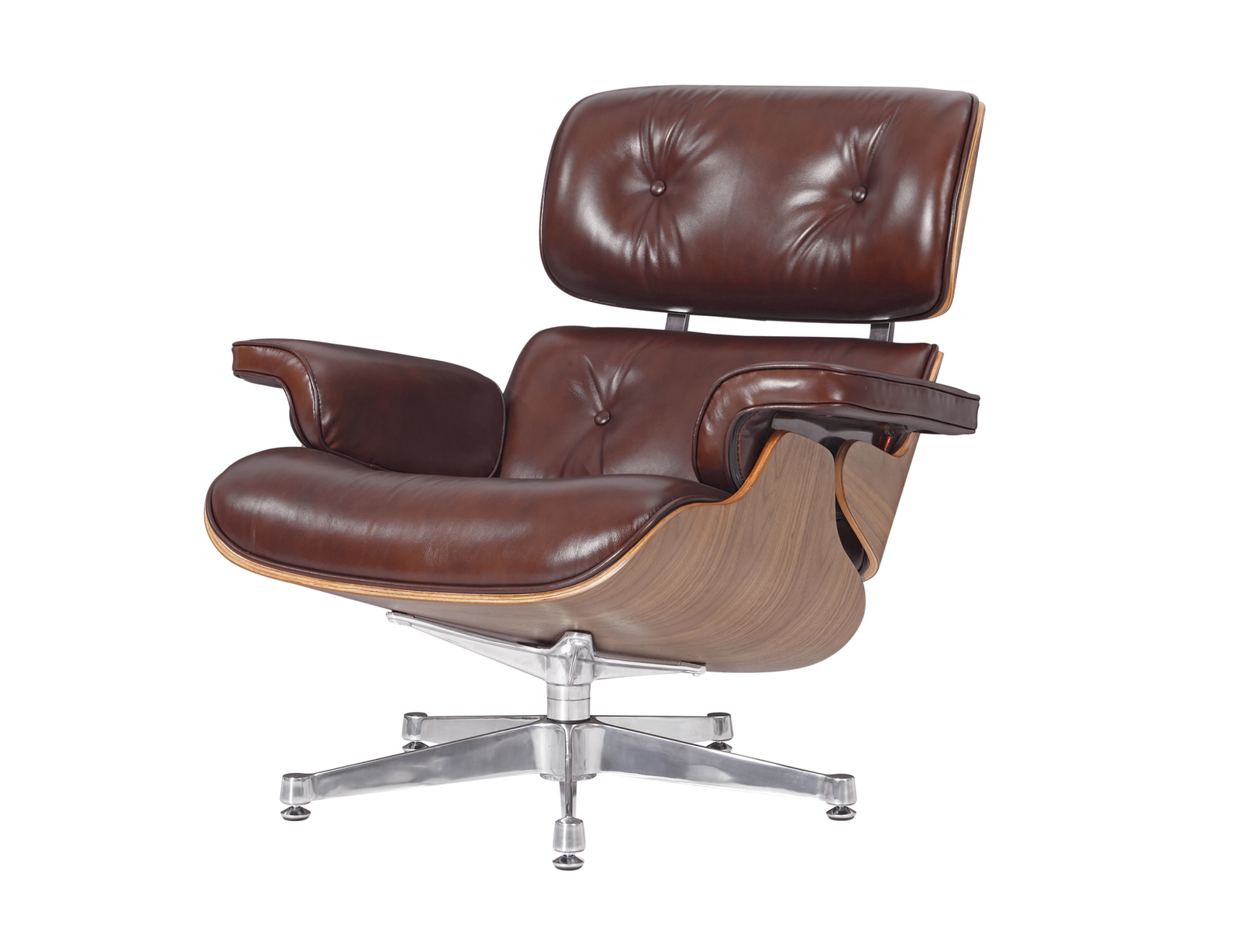 Close-up of the waxy cognac brown leather showing natural patina on the Eames lounge chair