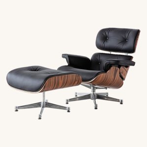 An eames inspired lounge chair and ottoman with black leather, light rosewood veneer