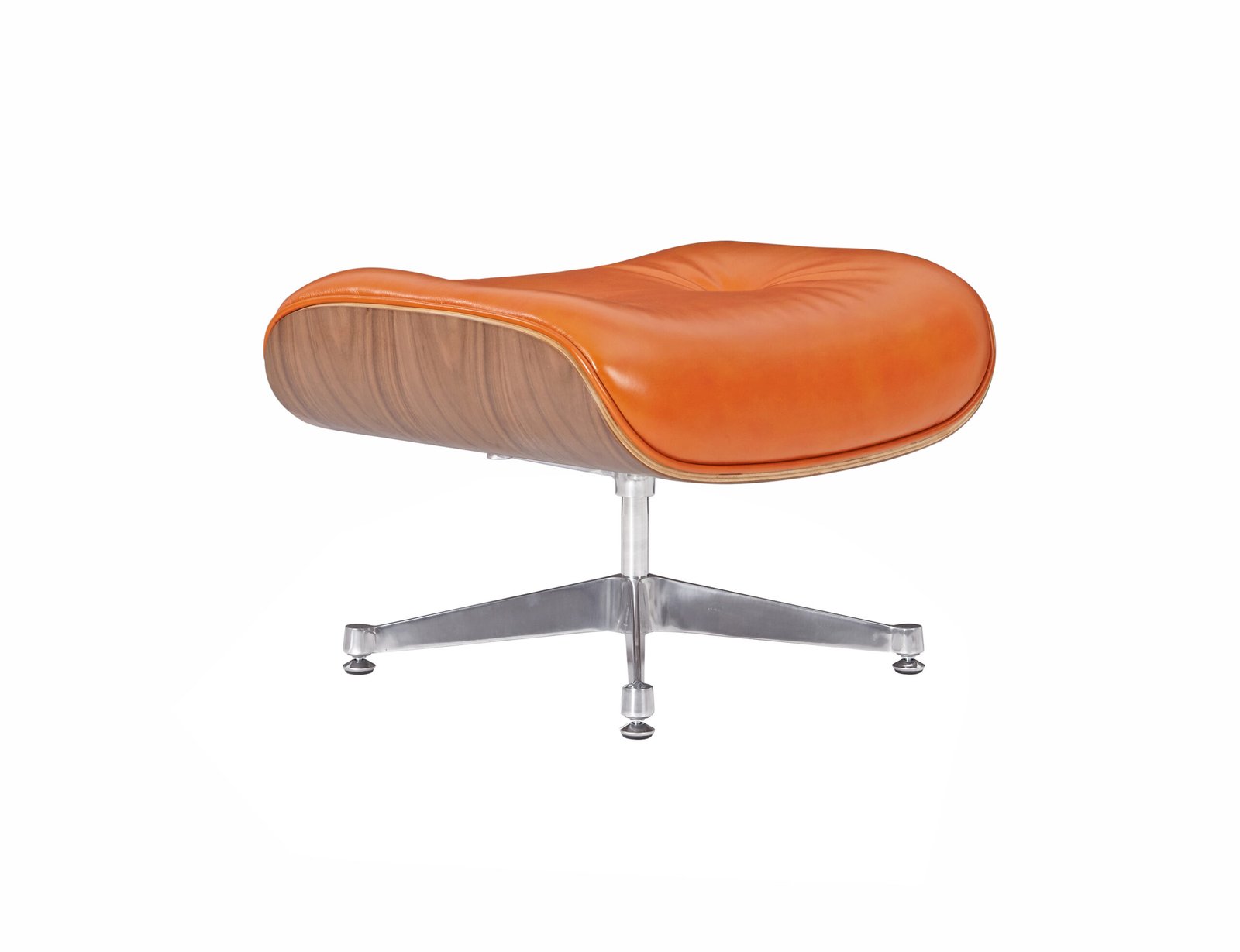 Side angle of the camel leather Eames-style ottoman, walnut veneer base