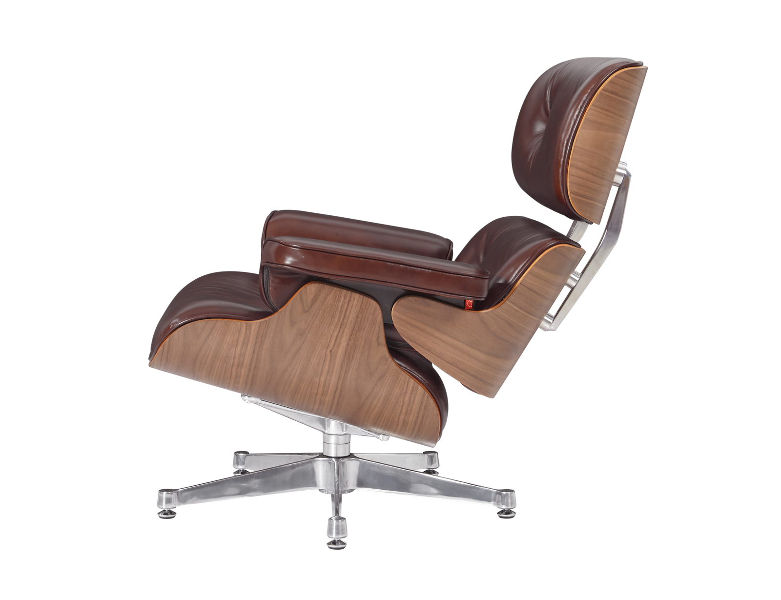 Standalone cognac leather ottoman footrest with walnut shell, matching the Eames lounge chair