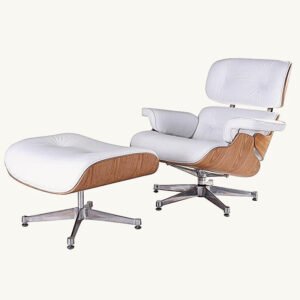 Eames lounge chair and ottoman white ash replica featuring white aniline leather and a polished chrome base.