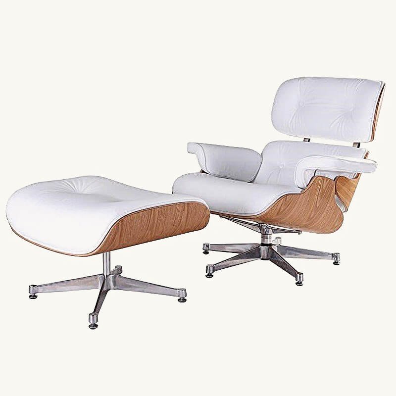 Eames lounge chair and ottoman white ash replica featuring white aniline leather and a polished chrome base.