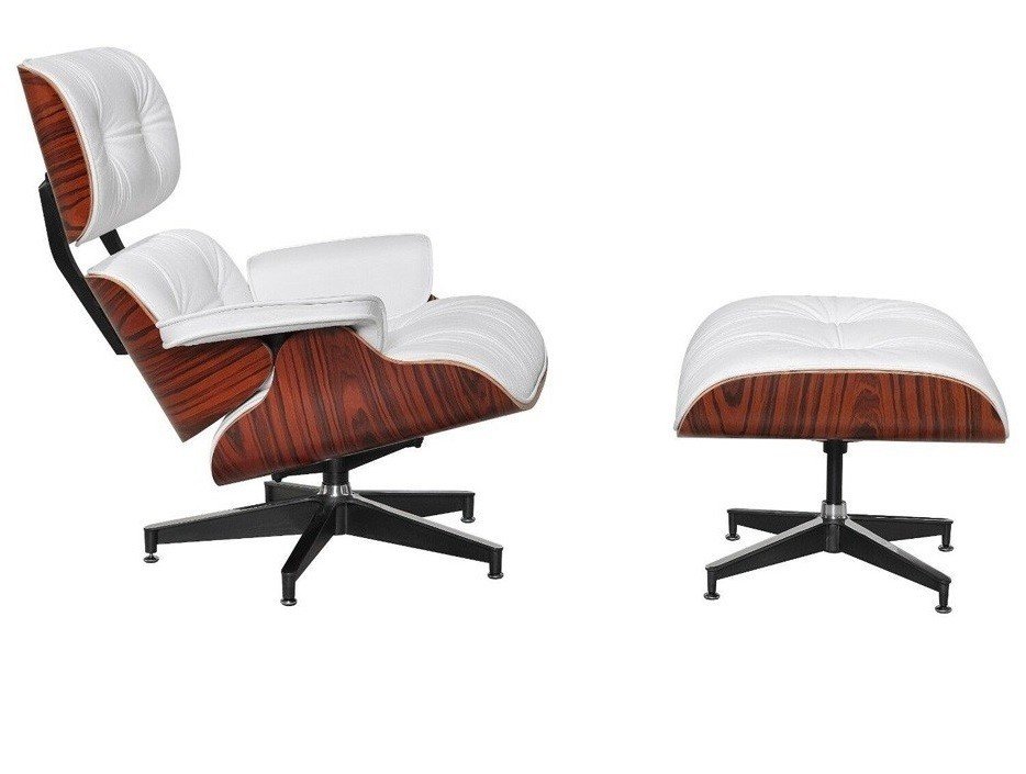 Standalone white leather ottoman with rosewood veneer, matching the Eames lounge chair