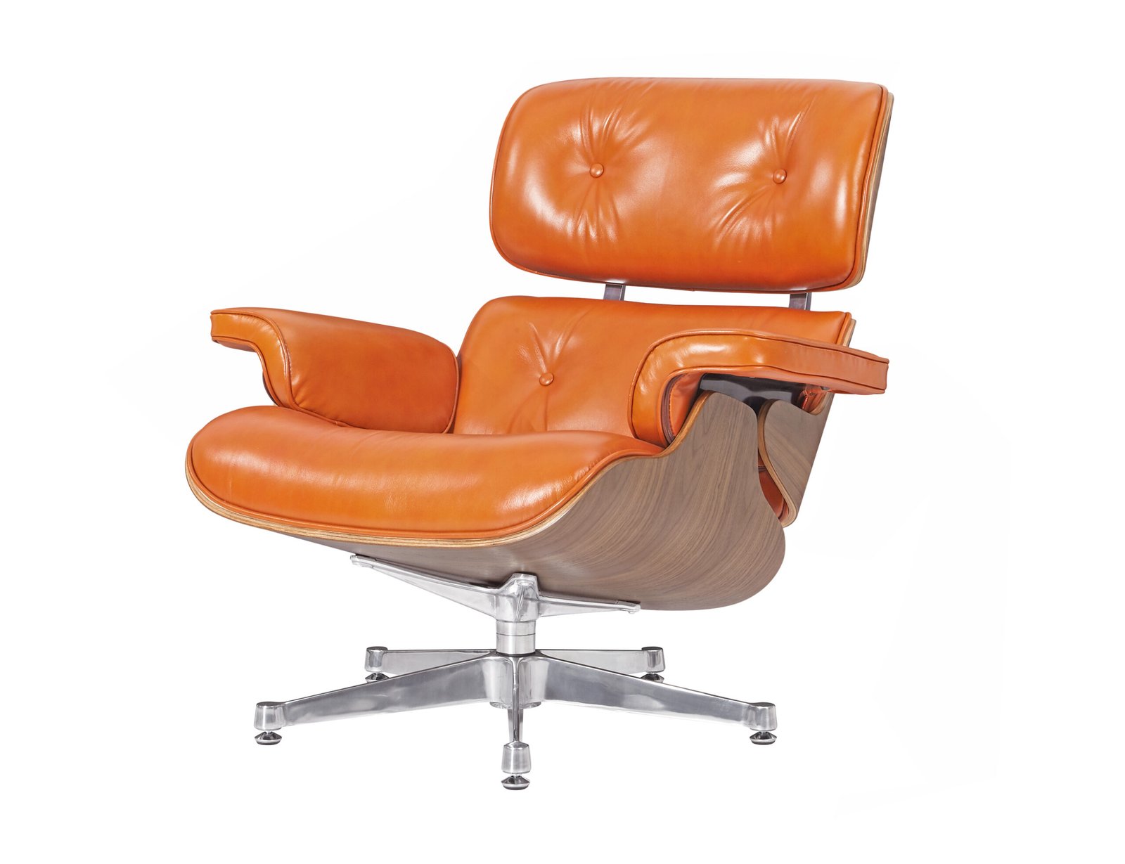 Front view of the Eames lounge chair camel leather replica, walnut veneer shell