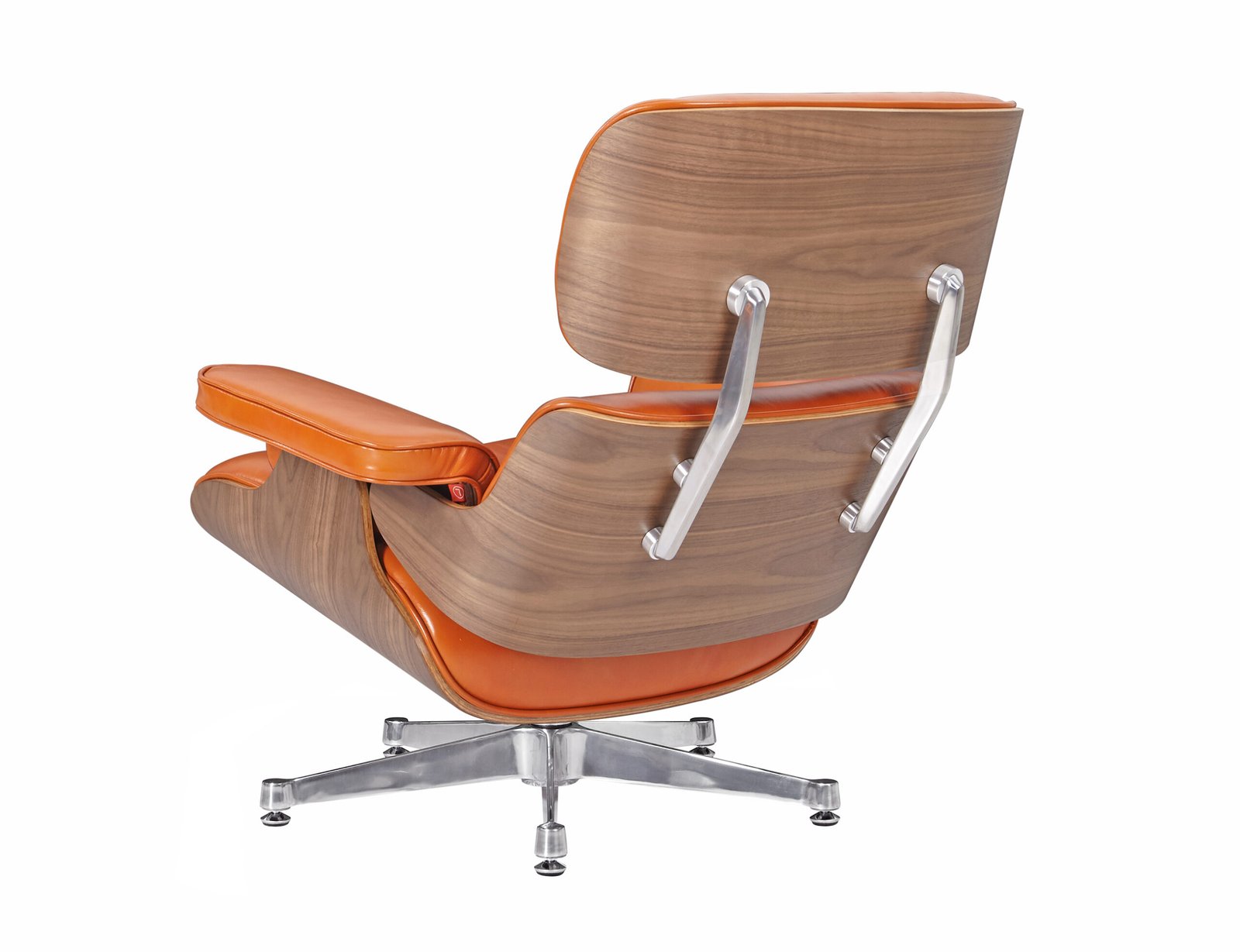 Back view of the camel Eames lounge chair replica showing the walnut veneer shell