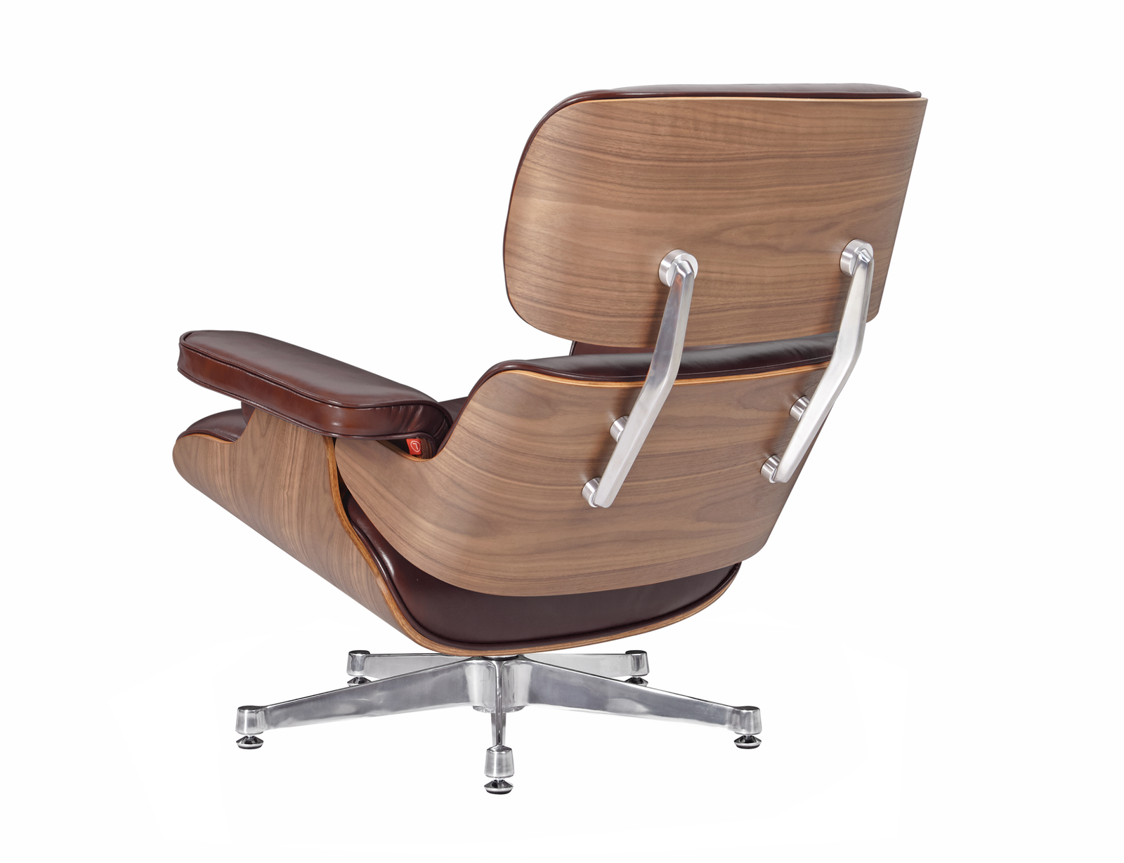 Side profile of the Eames lounge chair cognac leather replica, showing the reclined walnut shell