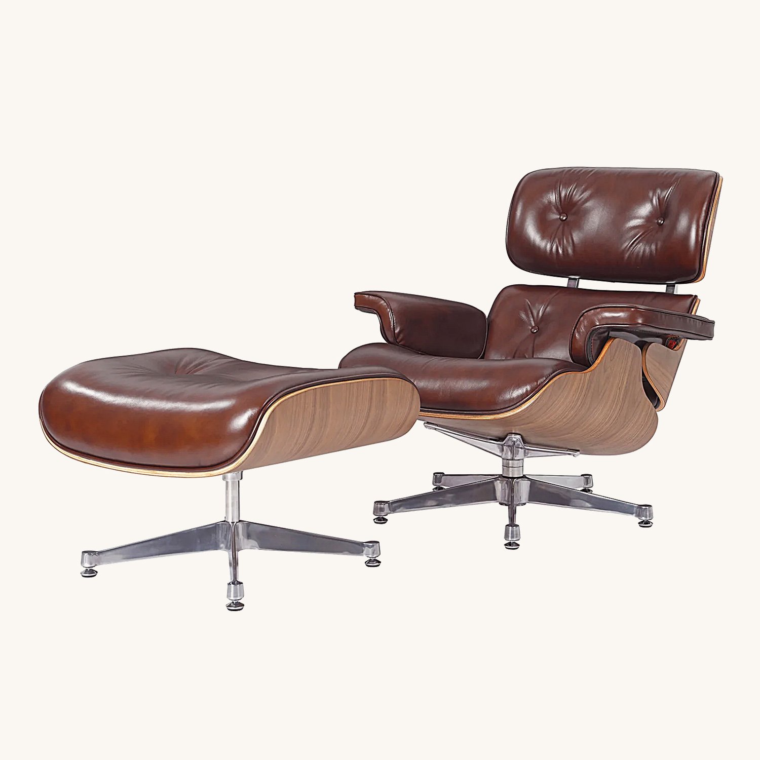 Eames lounge chair and ottoman replica in cognac brown waxy leather with an American walnut shell