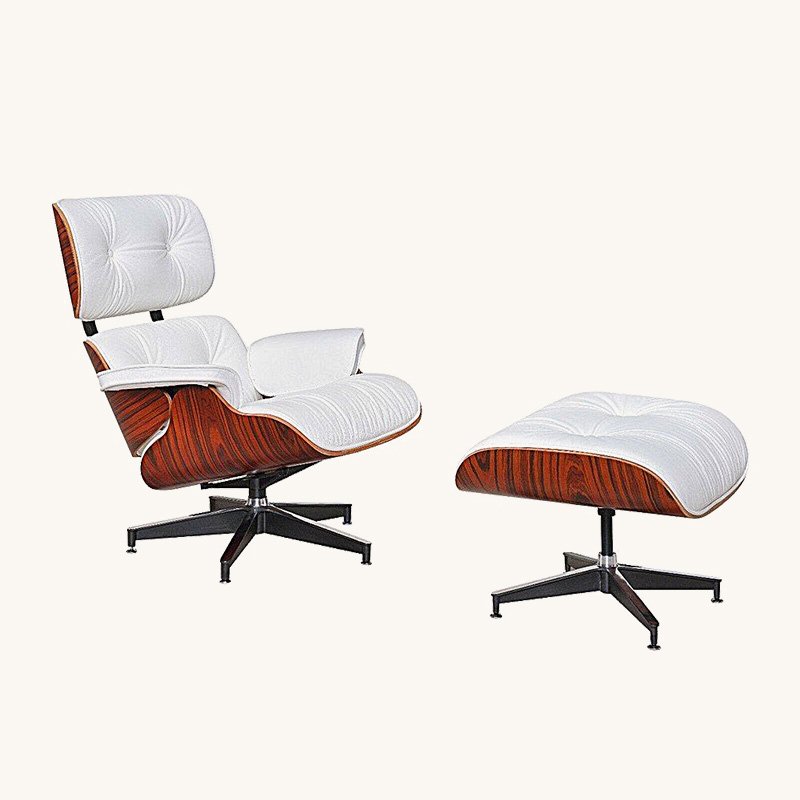 White Eames lounge chair and ottoman replica with a rosewood shell, front view