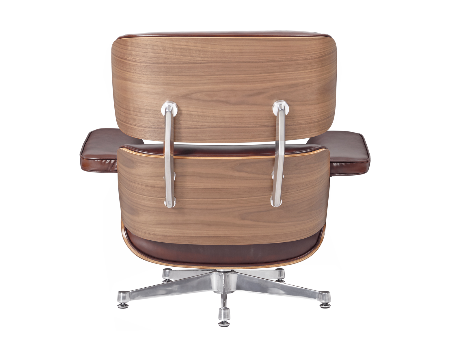 Back view of the Eames lounge chair and ottoman cognac, walnut veneer shell