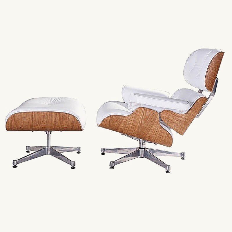 Left side view of the white Eames lounge chair and ottoman replica together