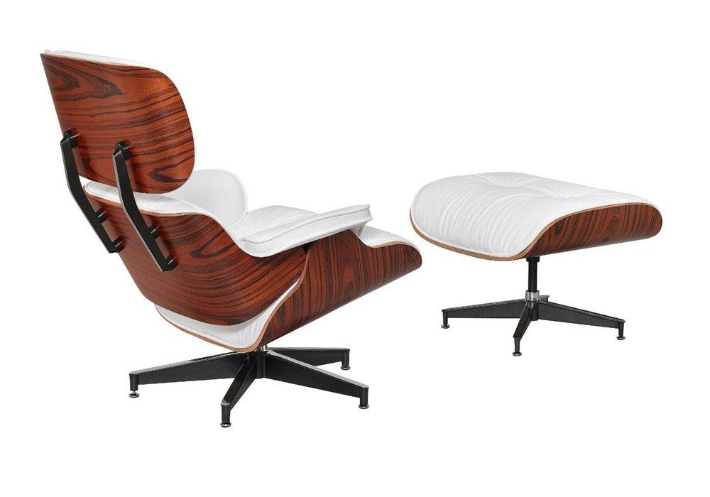 Back view of the white Eames lounge chair and ottoman, rosewood veneer shell