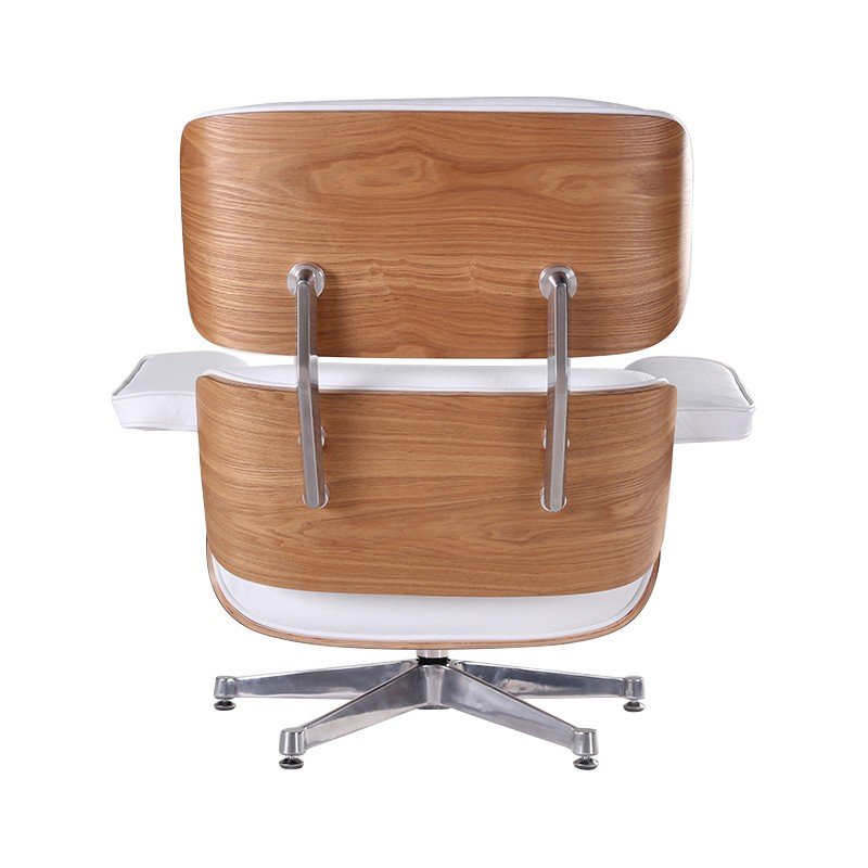 Full back view of the white Eames lounge chair replica, ash wood shell