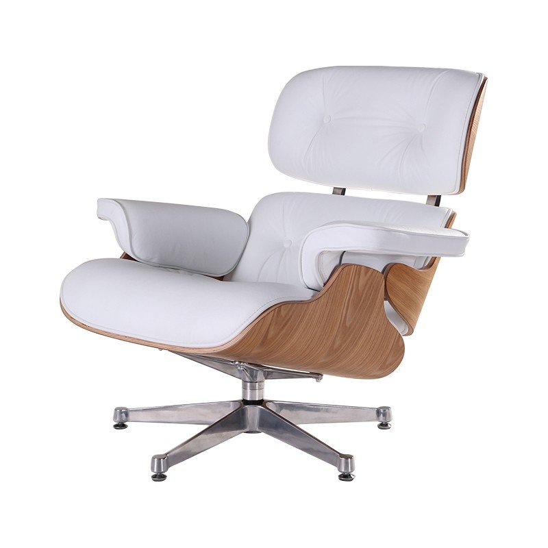 Left side view of the white Eames lounge chair replica with light ash shell