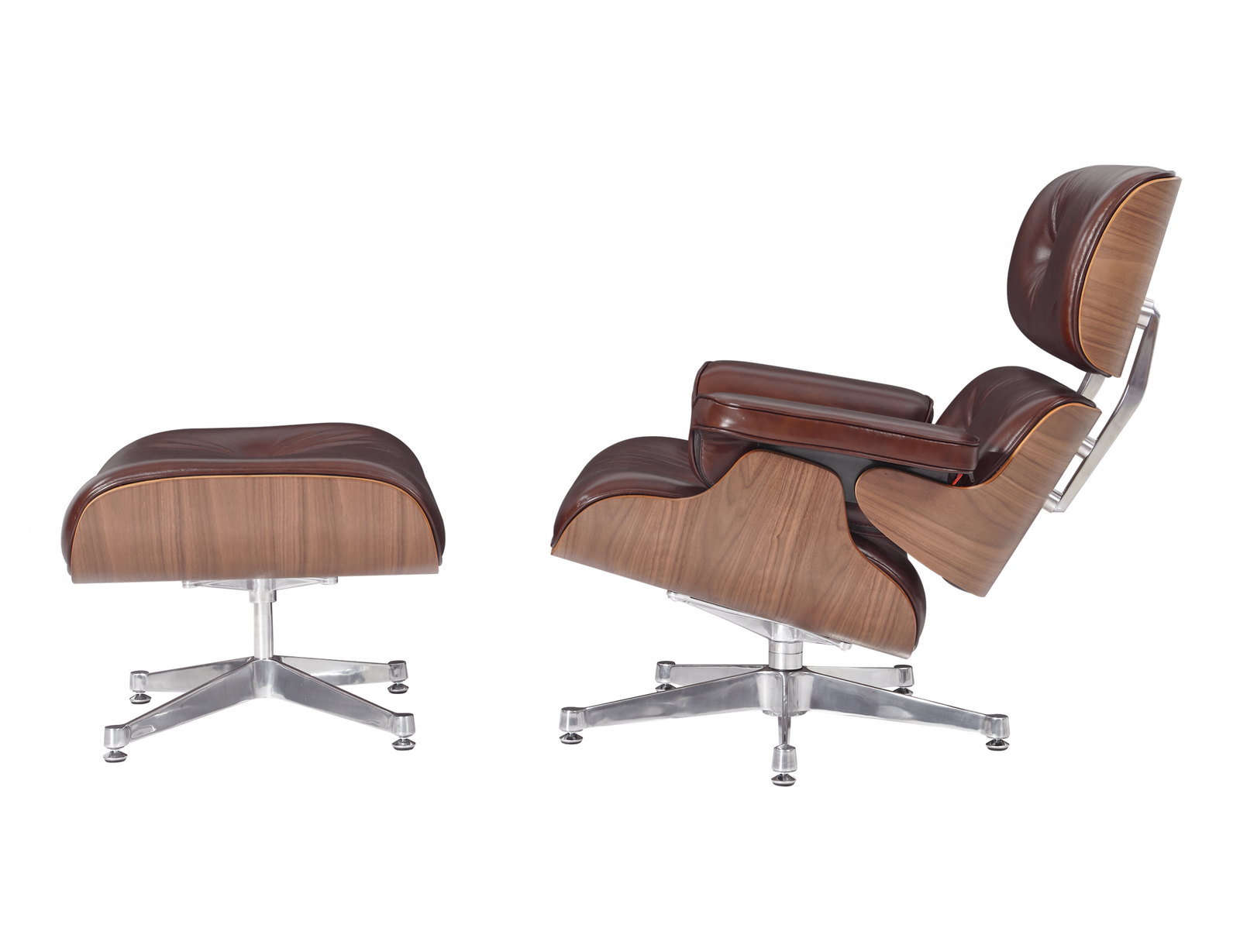 Curved armrest in cognac brown leather on an Eames lounge chair replica