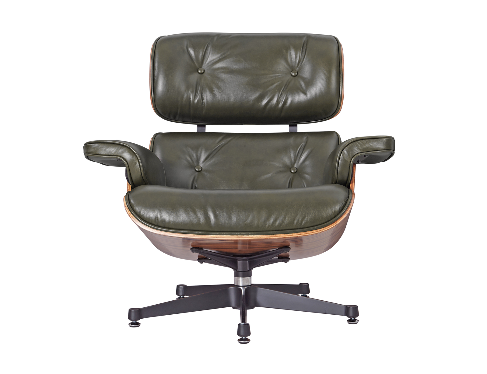 Eames Style Lounge Chair and Ottoman – Olive Green Leather with Rose wood Veneer - Image 3