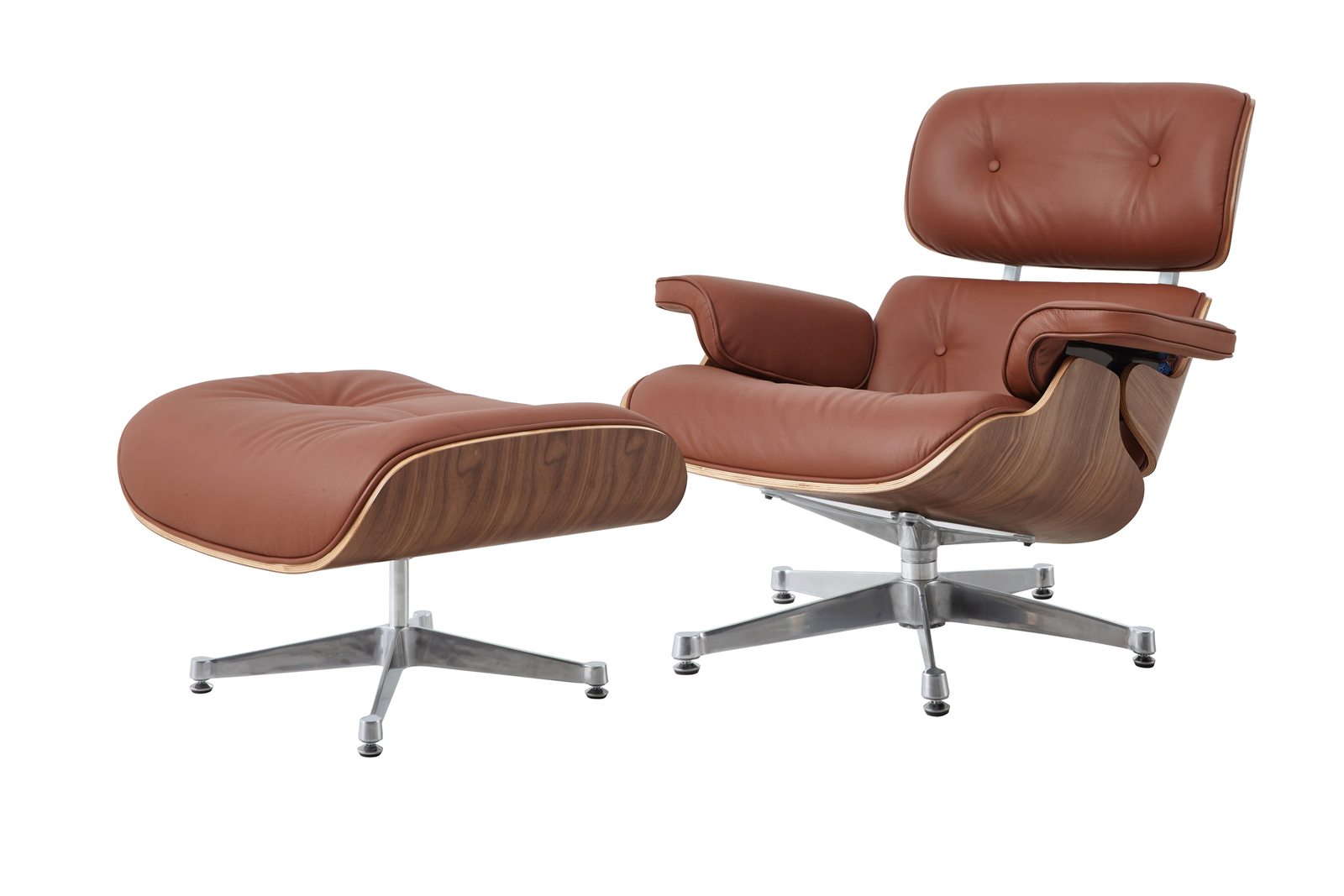 Tan brown Eames style lounge chair and ottoman front view