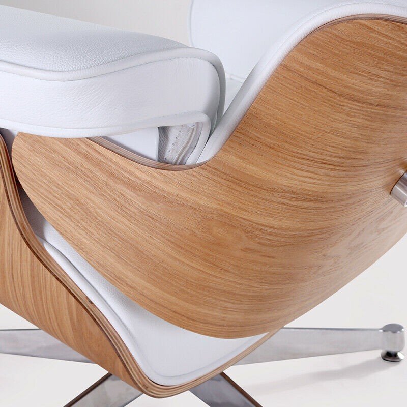 Close-up of the ash wood shell on the back of the Eames-style ottoman