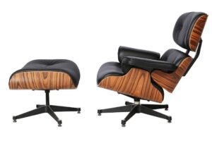 Black Eames Lounge Chair and Ottoman Replica with rosewood shells and polished elephant-style aluminium base in a modern European living room