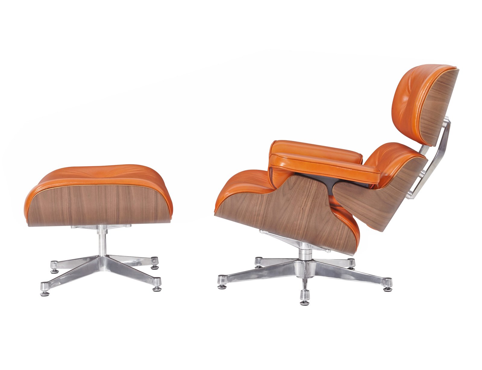 Left side profile of a replica eames lounge chair and ottoman camel showing the classic 15-degree tilt.