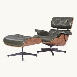 A mid-century inspired olive green eames chair and matching ottoman in premium aniline leather against a soft cream background.