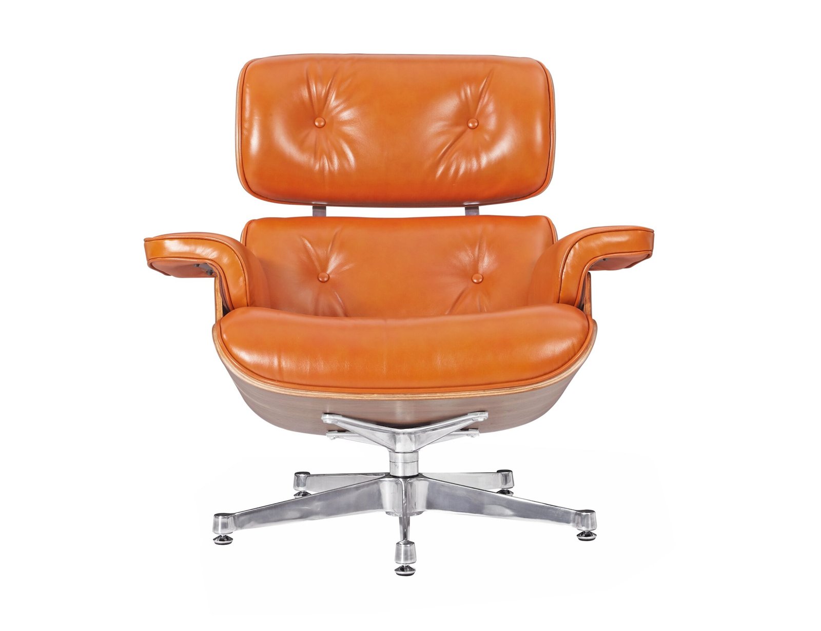 Replica Eames lounge chair in camel leather, alternate front angle