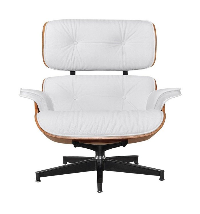 White Eames chair replica with rosewood veneer shell, full front view