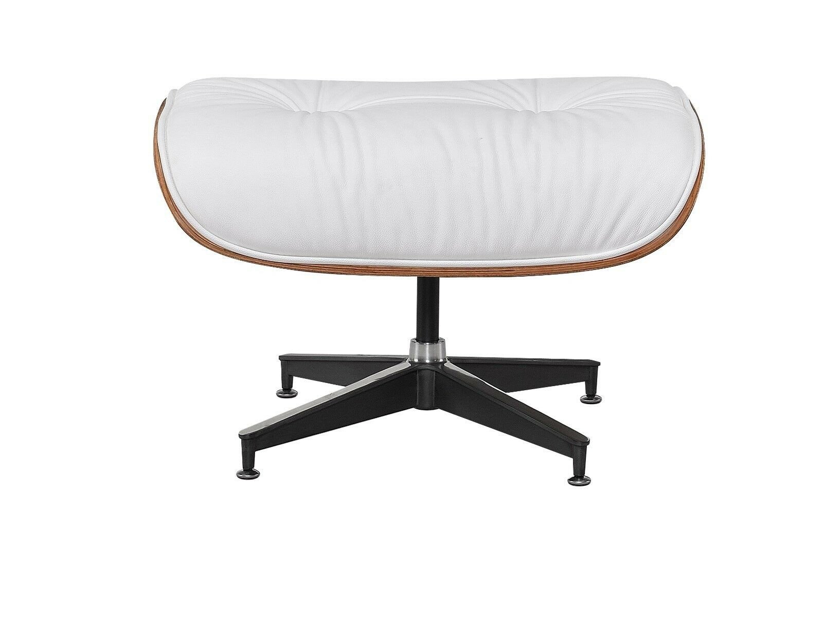 Side view of the white rosewood eames ottoman showing the four-star polished aluminum base.