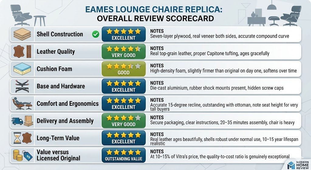 Eames lounge chair replica overall review scorecard showing ratings across eight quality criteria