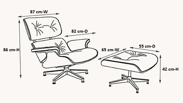 Dimension chart for the Eames lounge chair and ottoman replica